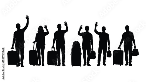 Travelers waving with luggage silhouettes isolated on white background, Vector