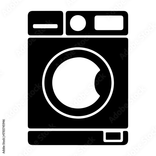 Black and white icon of a front loading washing machine