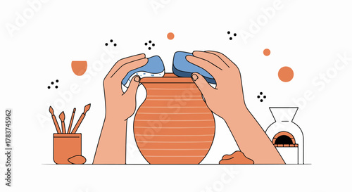 Hands shaping a terracotta clay pot using sponges, demonstrating the pottery creation process in a flat vector illustration.