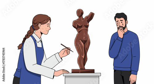 Female artist working on a classical sculpture while a bearded man looks on sadly, representing art creation and emotional response.
