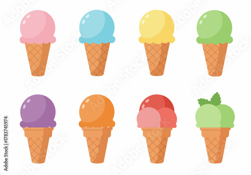 Vibrant Set of 8 Cartoon Ice Cream Cones Vector Illustration, Including Different Flavors Like Strawberry, Mint, Vanilla, and Blueberry Desserts.