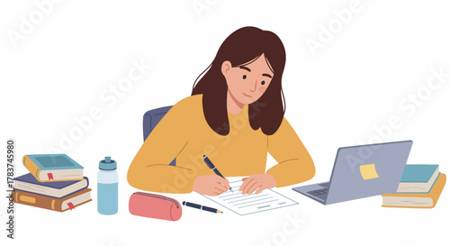 Young Female Student Writing Notes at Desk, Surrounded by Books and Laptop, Focused on Education or Homework Preparation.