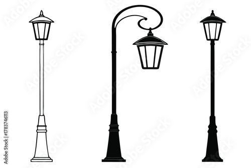 Three Stylized Street Lamps in Black and White Silhouette and Outline lamppost light