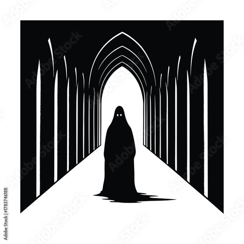 Ghostly Figure in Gothic Corridor