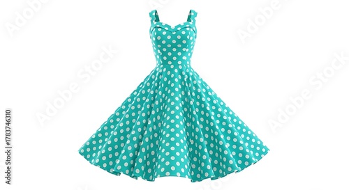 A teal dress with white polka dots and a sweetheart neckline isolated on a white background