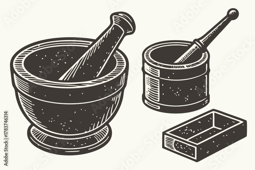 Vintage Mortar and Pestle Set with Grinding Bowl and Rectangular Container herbs spices