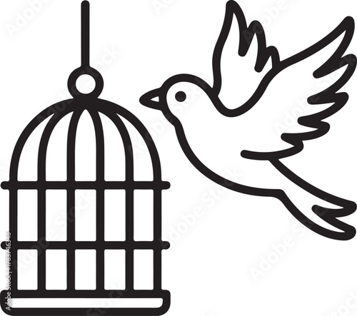 Bird escaping from a cage line art illustration