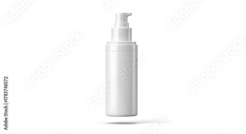 A single white plastic bottle with a pump dispenser on a white background in a studio shot
