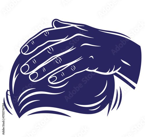 Hands comforting or caressing a head illustrated with clean white outlines and deep blue fill