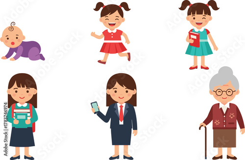 Female character progression, life stages cartoon, baby to elderly woman, aging illustration, developmental milestones, educational vector, isolated on white, flat style