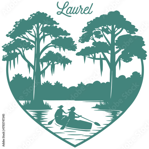 Laurel Heart Illustration Featuring Canoe, Hanging Moss Trees, and Calm Water