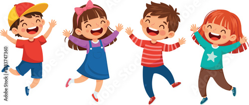 Jumping children cartoon, happy kids illustration, playful character set, joyful expressions vector, energetic child pose, colorful outfit design, isolated on white background