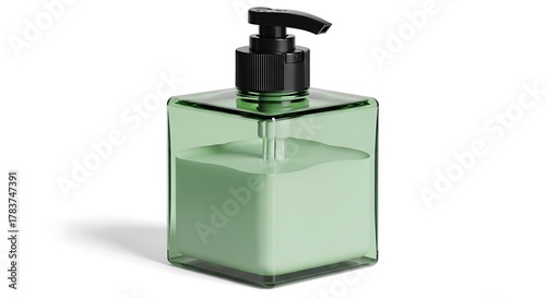 A square green glass bottle with a black pump dispenser filled with a light green liquid inside it