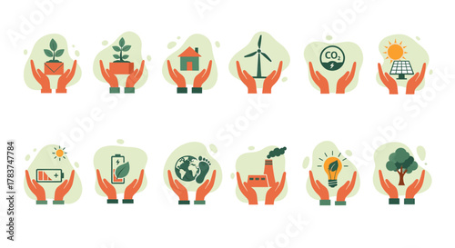 Set of ecofriendly icons held by hands, representing green energy and sustainability