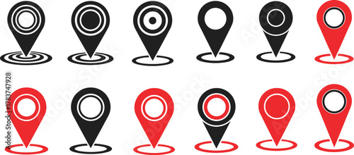 Location pin icons, navigation marker set, map pointer vector, black and red design, ripple base illustration, cartoon style, isolated on white background