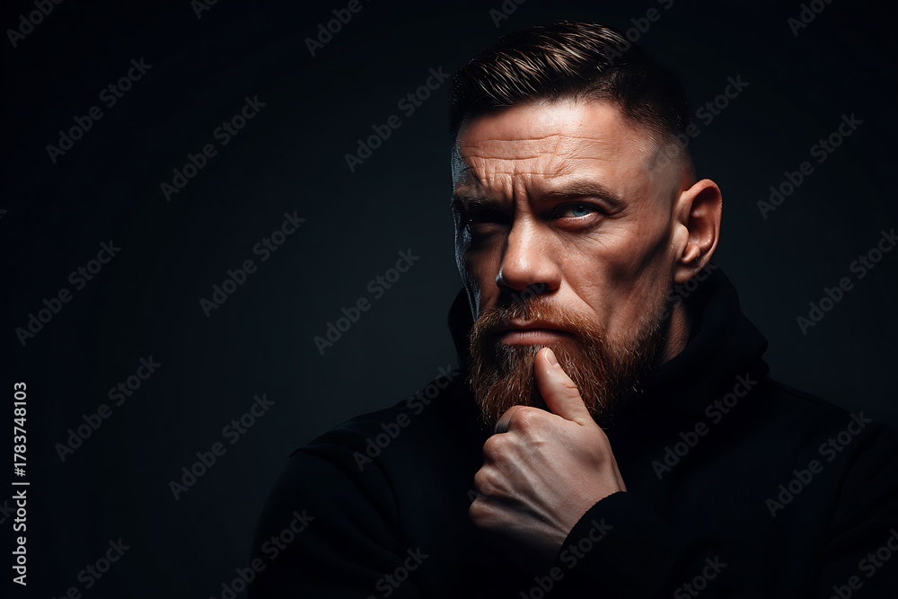 Fototapeta premium Thoughtful man with beard contemplating against dark background