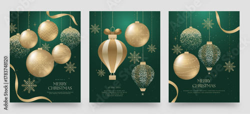 Merry Christmas Elegant Green and Gold Christmas Poster with Luxury Bauble and Ribbon Christmas Decoration, Holiday Vector Background