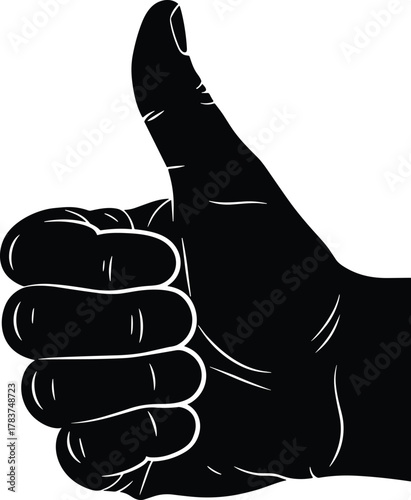 Thumbs-up hand silhouette, approval gesture icon, black and white vector, encouragement symbol design, cartoon style illustration, isolated on white background