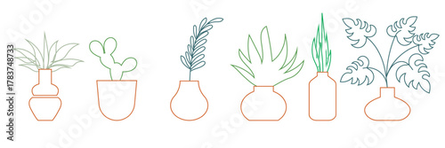 Minimalist plant icons in terracotta pots. Flat vector illustration of various indoor plants in terracotta-colored pots, perfect for modern botanical design, decoration, or eco-themed projects.

