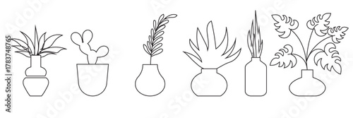 Minimalist plant icons in terracotta pots. Flat vector illustration of various indoor plants in terracotta-colored pots, perfect for modern botanical design, decoration, or eco-themed projects.


