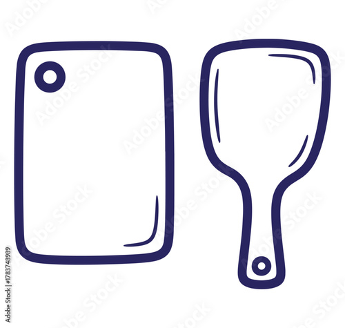Simple hand drawn vector illustration of a cutting board and a kitchen spatula