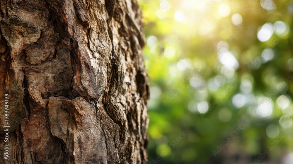 Obraz premium Tree bark texture with sun illuminating forest background