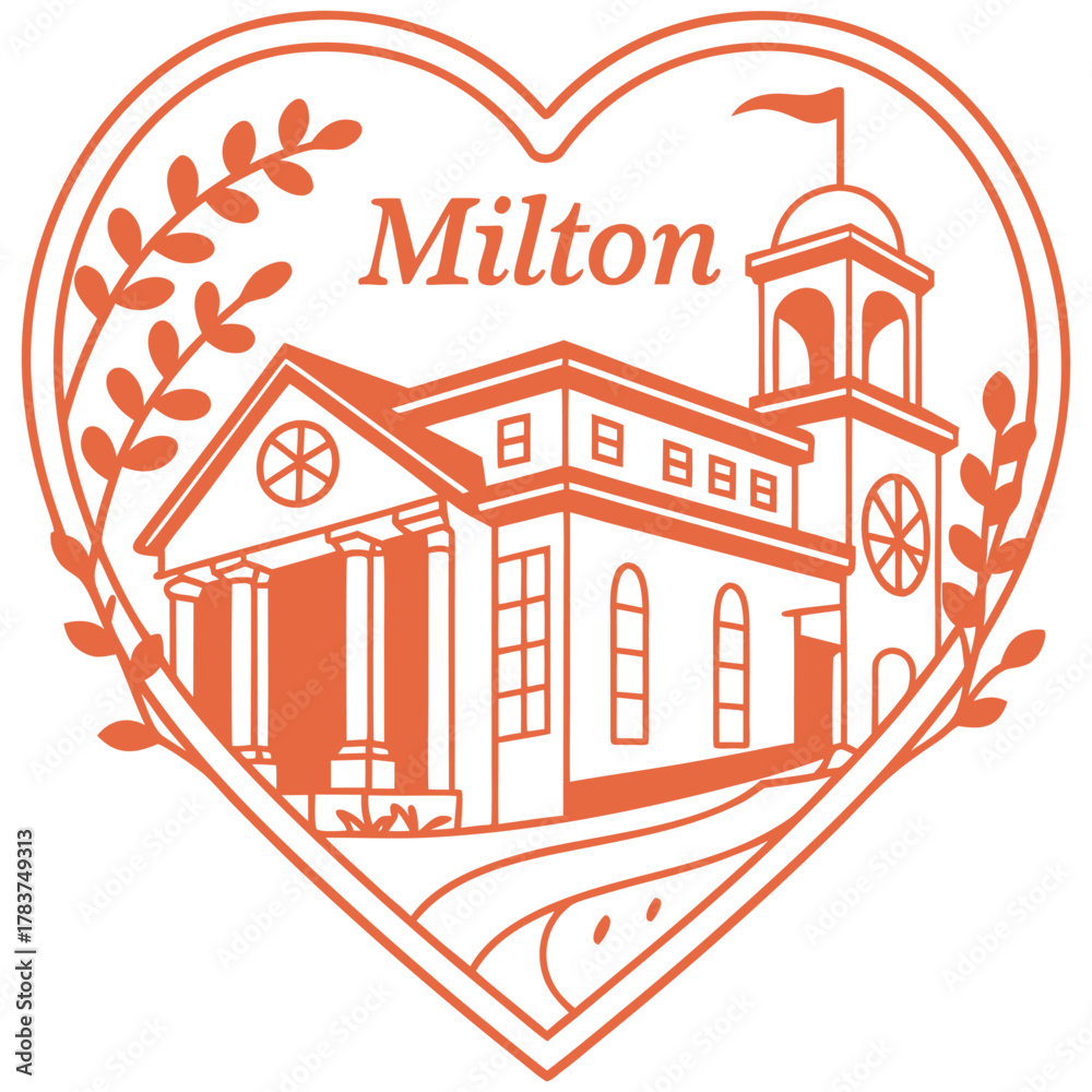 Fototapeta premium Milton Heart Illustration Featuring Classical Town Hall, Bell Tower, and Leaf Border