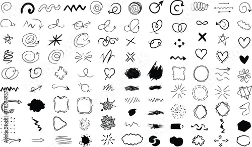 Doodle icons and hand drawn elements with black ink on white background for design and creative ideas vector illustration sketches for decoration