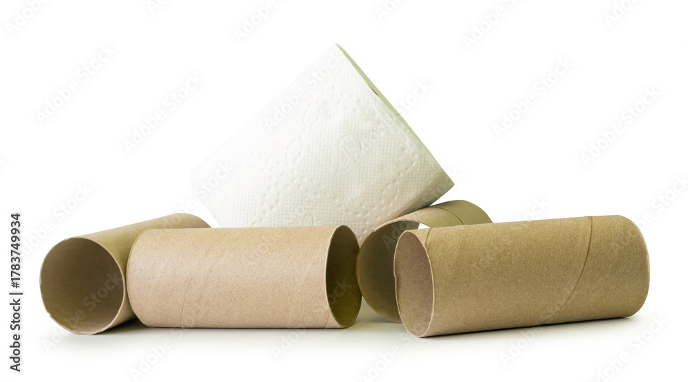 Fototapeta premium Tissue paper roll or toilet paper roll with cores or tissue paper tubes in stack isolated on white background with clipping paht