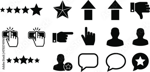 User interface icons, feedback symbols, rating stars, thumbs down, speech bubbles, profile silhouettes, hand gestures, pointer icons, social media tools, black and white vector set