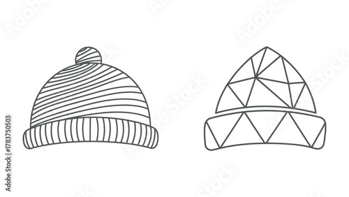 Winter Hat Designs: Two meticulously crafted winter hat designs, one adorned with a striped pattern, the other with a geometric arrangement, perfect for any cold-weather ensemble.