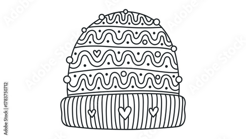 Cozy Winter Hat: A detailed outline of a warm winter hat, ready for coloring or use in a seasonal design, featuring intricate patterns and a sense of coziness
