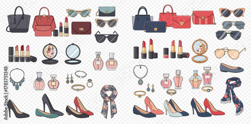 A comprehensive flat lay collection of women's fashion accessories, beauty products, and personal items including bags, shoes, jewelry, and cosmetics.