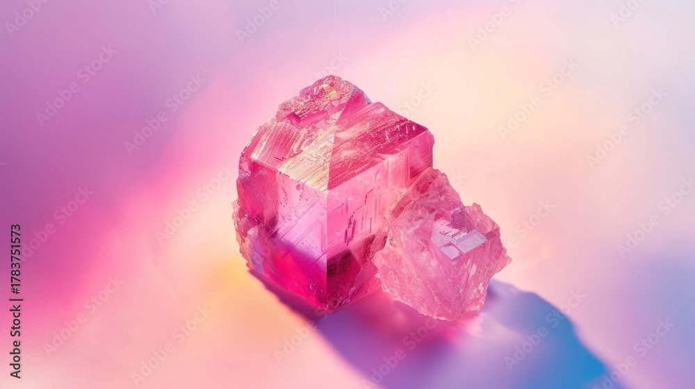 Fototapeta premium Vibrant Pink Crystal Cube on Soft Pastel Background with Light Effects