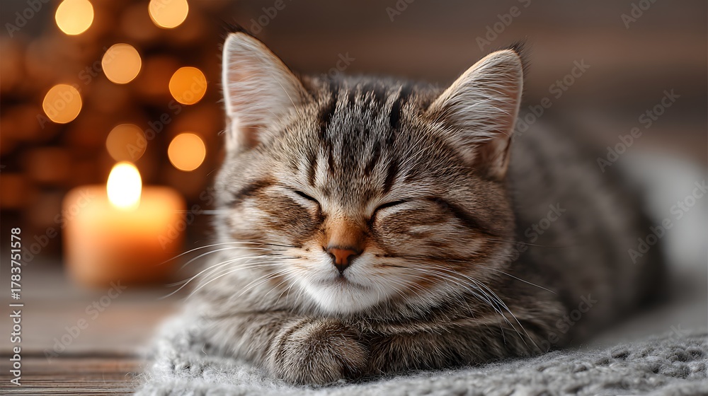 Fototapeta premium Cozy Cat Curled Up Beside an Open Book with a Warm Candle Flame Glowing in a Relaxing Reading Space