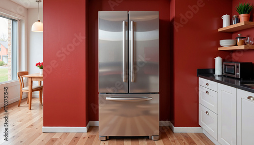 Stainless steel refrigerator in modern kitchen with red walls  