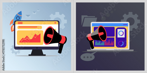 Flat vector illustration representing modern digital marketing strategy. Features a monitor or laptop with analytical dashboard (charts, data visualization)
