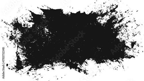 Black ink splatter and brushstroke design on white background with expressive grunge texture for artistic vector illustration 