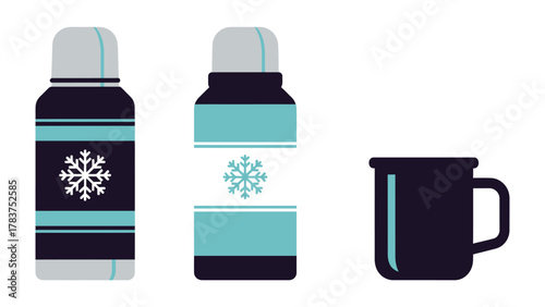Winter Warmth Essentials: A graphic arrangement showcases the quintessential tools for staying warm during the winter. A thermal flask and mug are featured in this illustration.