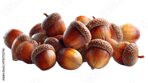 Close up shot of a pile of acorns with brown caps and shells on a black background in a studio shot