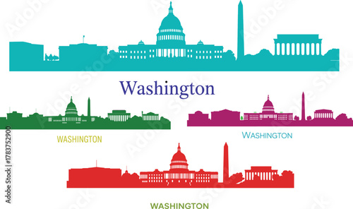 black and white washington dc skyline silhouette with capitol building washington monument lincoln memorial vector illustration on white background