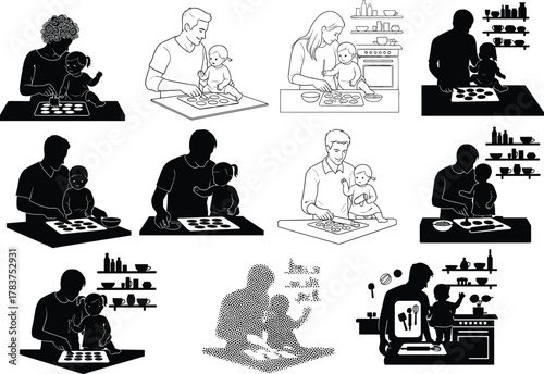 Flat vector family baking together, adult and child cooking cookies, kitchen teamwork, silhouette interaction, food preparation moment, home activity illustration