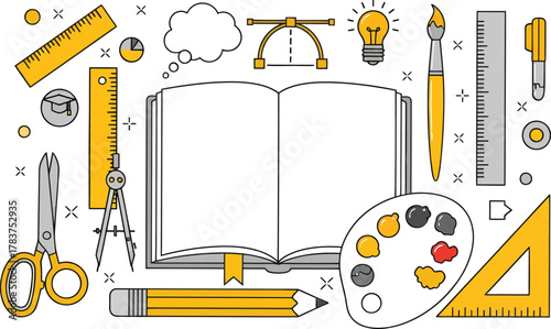 Creative Tools and Open Book Illustration.