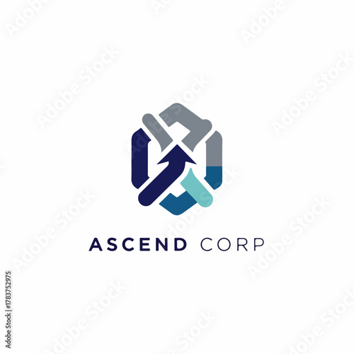 Ascend Corp logo with arrows and hexagon shape symbol of growth and progress