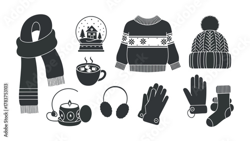 Cozy Winter Essentials Collection: A curated collection of winter essentials including a warm scarf, snow globe, cozy sweater, knitted hat, gloves, ear muffs.
