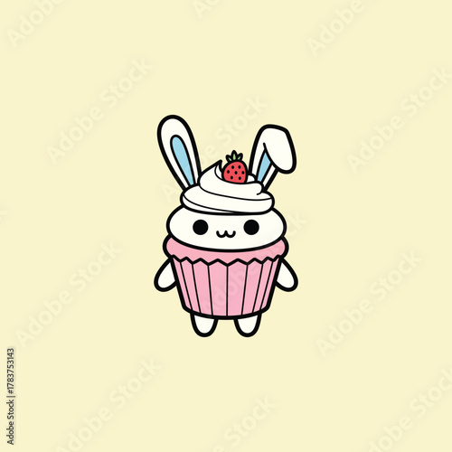 Cute Bunny Cupcake Character with Strawberry Topping.