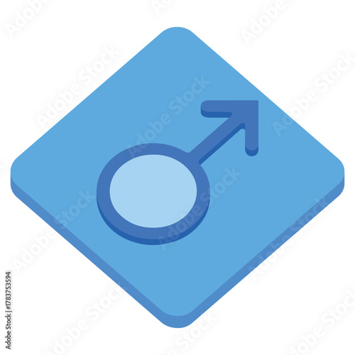 Modern blue male gender symbol icon on a clean isometric square, representing masculinity and identity in digital design.