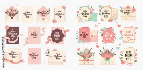 A collection of beautifully designed Mother's Day greeting cards and envelopes, featuring floral arrangements, ribbons, and heartfelt messages in a soft pastel palette.