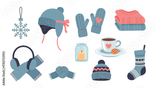 Cozy Winter Collection: A collection of warm winter essentials. perfect for festive season with hat, gloves, scarf, sweater, sock, ear muff, tea and candle.