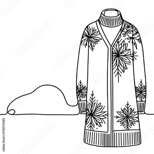 Long sweater with snowflake pattern Winter clothing and footwear Outline / Minimal Linear Vector
